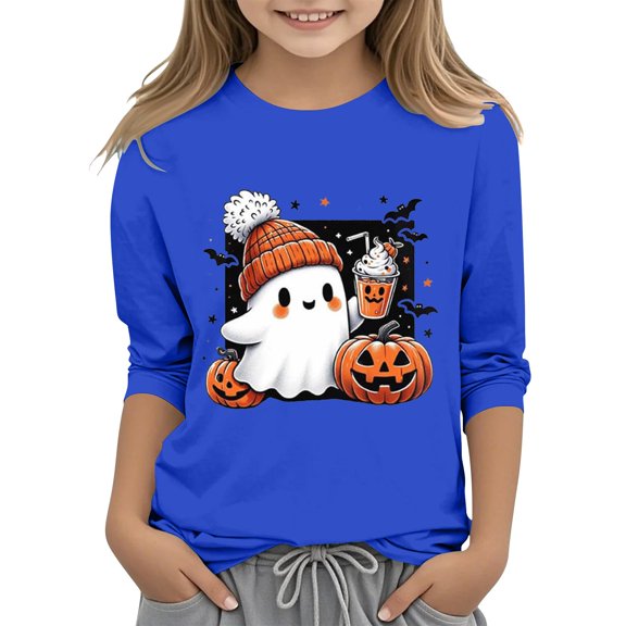 Pumpkin Halloween Shirts for Teen Girls Funny Ghos𝐭 Graphic Crewneck Cotton 3/4 Sleeve Tees Kids Cute Holiday P𝐚rty Clothes