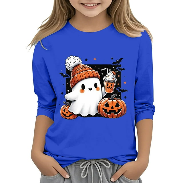 XQYLOS T-Shirt Mignon Festif pour Filles Haut Enfants Jeunes Décontracté Halloween Imprimé 2D Col Rond Manche Trois Quarts Tee T-Shirt Haut Automne Automne Vêtements Mode