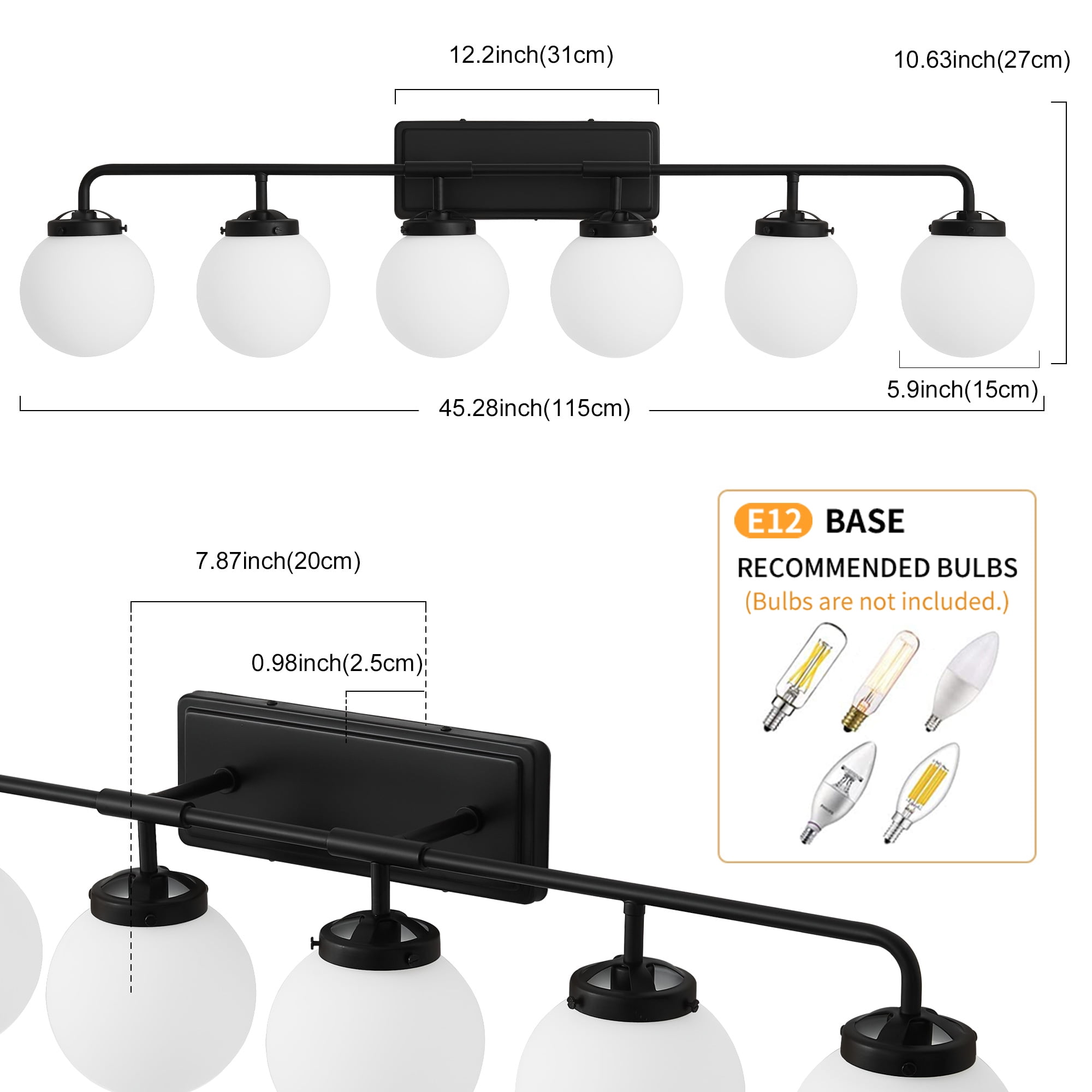 Deyidn 6-Light Modern Vanity Light, Black Bathroom Light Fixture with Milk White Glass Globes, 45 Inch Bathroom Wall Sconce for Mirror