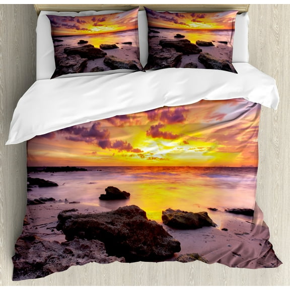 Tropical Duvet Cover Set, Sunset at the Beach Horizon on Island Idyllic Weather Landscape, Decorative 3 Piece Bedding Set with 2 Pillow Shams, King Size, Mauve Salmon Lilac, by Ambesonne