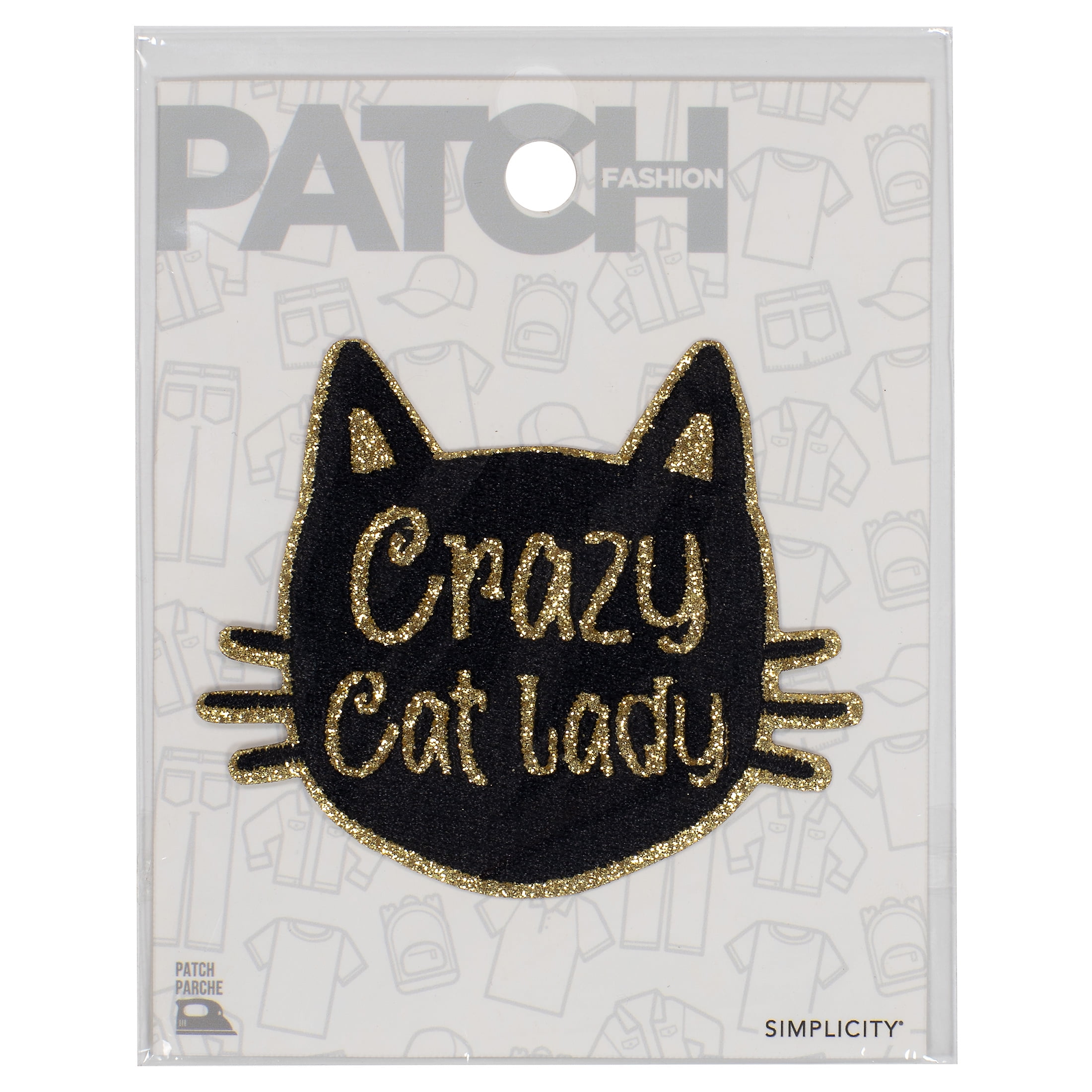 Simplicity Black Polyester Crazy Cat Lady Fashion Iron-on Applique