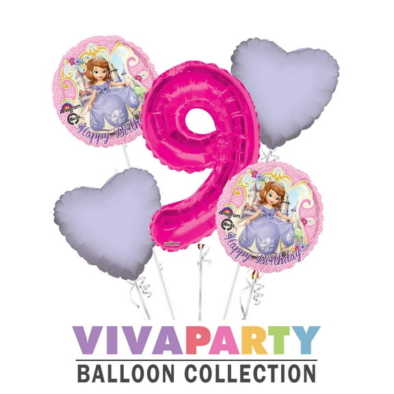 Sofia The First Balloon Bouquet 5 pc, 9th Birthday, Hot Pink Number 9 Jumbo Balloon | Viva Party Balloon Collection
