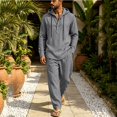 thumbnail image 2 of Delconic Mens Linen Blend Two Piece Set Hooded Half Placket Long Sleeve Shirt and Straight Leg Pants Casual Vacation Outfit Gray 3XL, 2 of 8