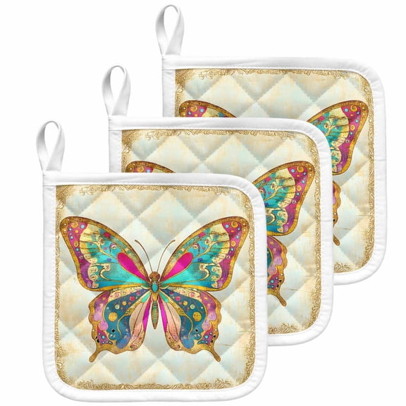 Vintage Butterfly Pot Holders for Kitchen Heatproof Potholder, 3 Pack Retro Colorful Butterfly Hot Pads Multipurpose Oven Pads Cloth Potholders Trivet for Cooking Baking