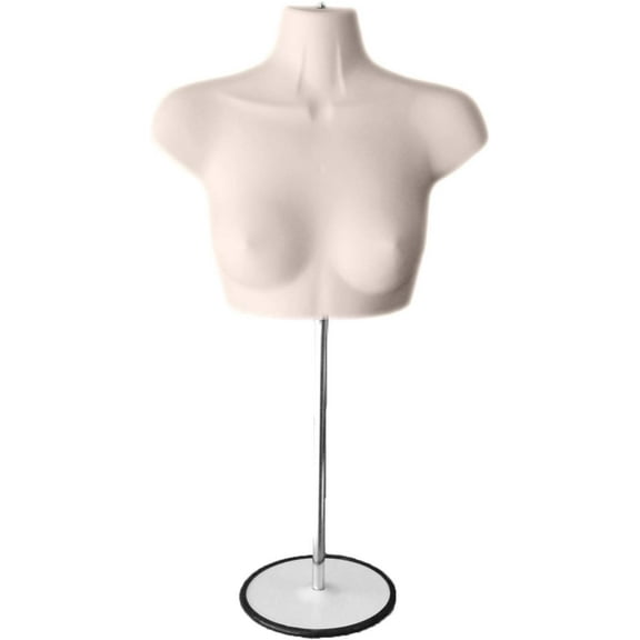 Flesh Female Mannequin Chest Long Hollow Back Body Torso Set w/ Metal Stand with Metal Pole & Hanging Hook, S-M Size (1)