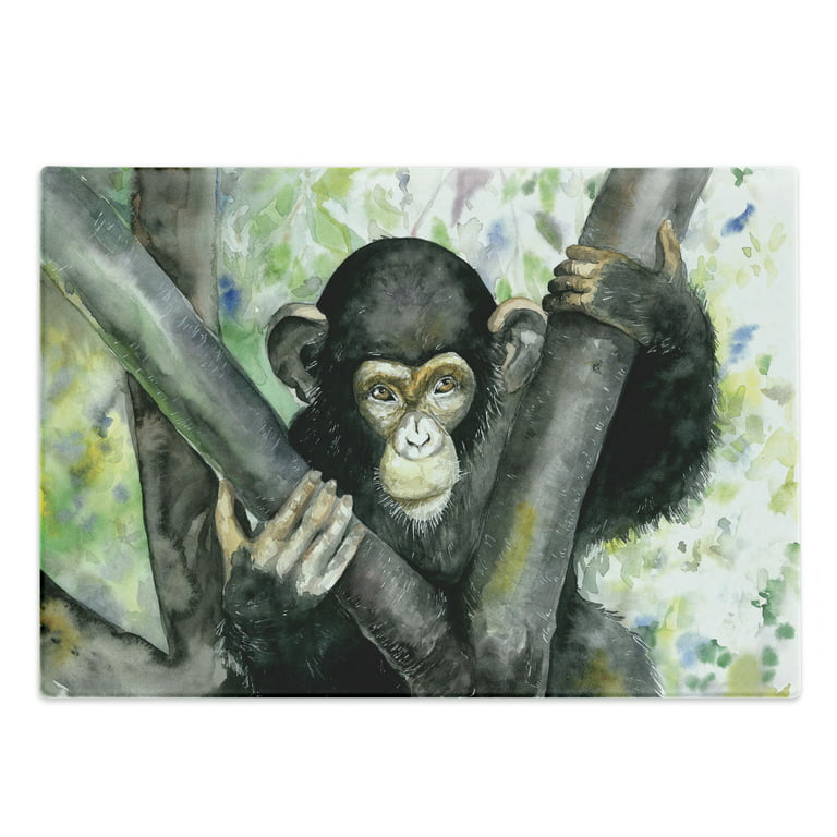 Gorilla Cutting Board, Watercolor Style Artwork of Chimpanzee on a Tree  Wildlife Theme, Decorative Tempered Glass Cutting and Serving Board, in 3