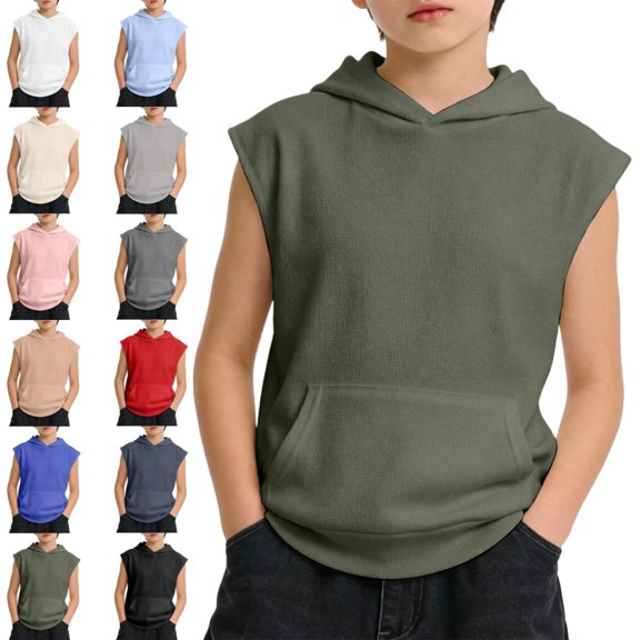Bmisegm Boys Tshirts Sleeveless Hooded Soft Breathable Casual Athletic Workout Tops Army Green,9-10 Years