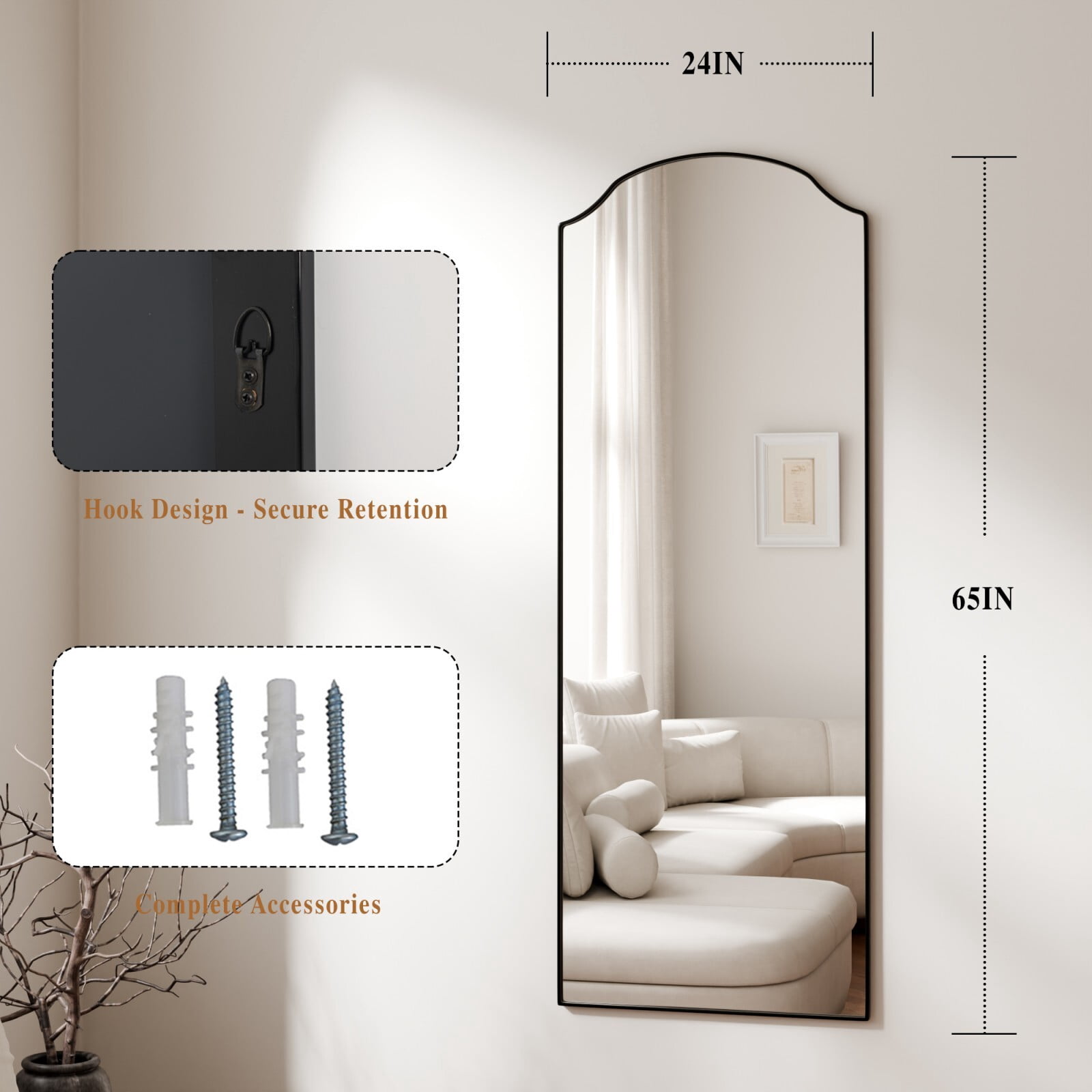 Easy4Home 65"x24" Oversize Arched Full Length Mirror Freestanding Floor Mirror with Stand, Black