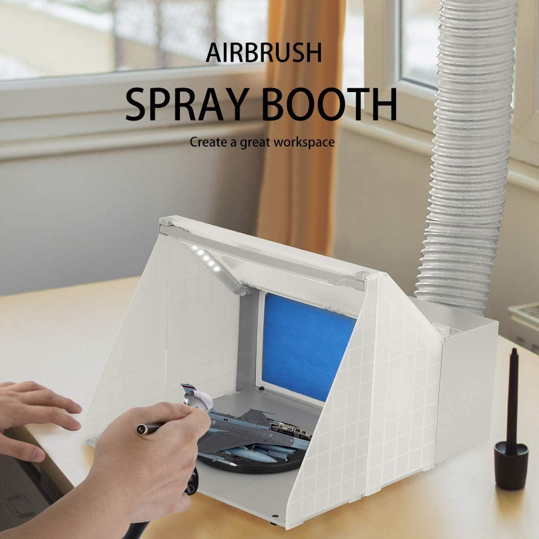 SPECSTAR Portable Airbrush Paint Spray Booth Kit with 3 LED Lights Turn Table and Filter Hose for Model Cake Craft Nail Toy Part