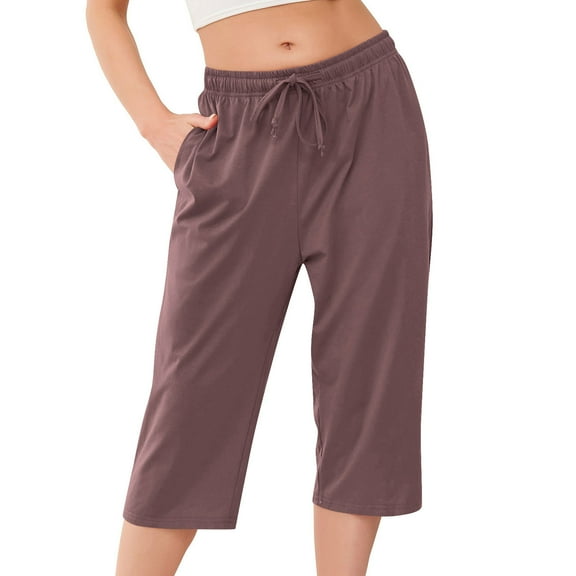 Busydd Capri Pants for Women Solid Color Elastic Waist Sweatpants for Women Trendy Casual Drawstring Straight Leg Pants Summer Baggy Comfy Pajamas Pants with Pockets S