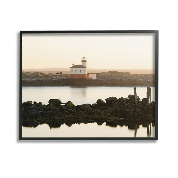 Stupell Industries Lighthouse with Soft Sunlight Landscape Photography Black Framed Art Print Wall Art, 14 x 11
