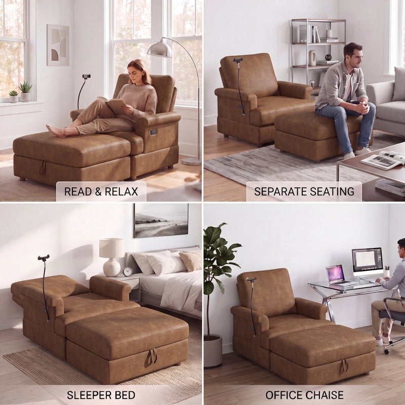 Gewnee 59" Oversized Chaise Lounge Chair Indoor with Ottoman, USB Ports&Phone Holder, Adjustable Indoor Lounge Chair for Living Room, Brown