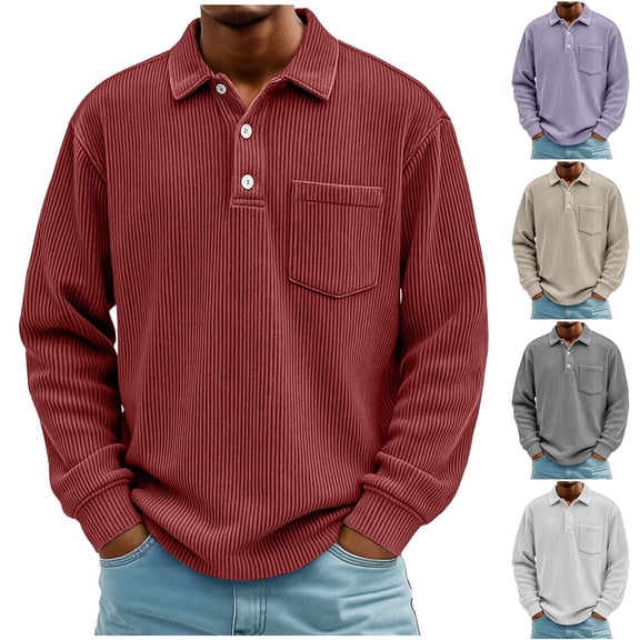 RongHuan Mens Corduroy Shirts Long Sleeve Button Down T-Shirt Loose Fit Business Shirt Lapel Sweatshirts with Pocket
