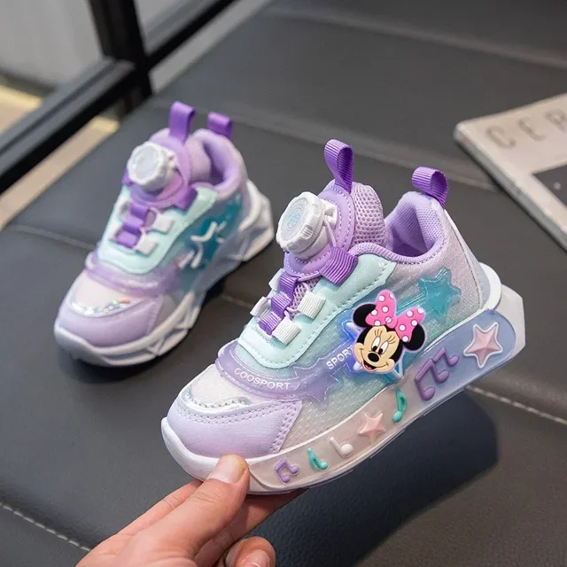 Frozen Girls Sneakers Elsa Spring & Fall New Kids Breathable Mesh Lighted Casual Shoes Disney Princess Soft Sole Swivel Button