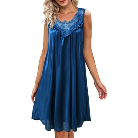 

Women Casual Solid Color Dress Short Sleeve Round Neck Lace Splice Dress Pullover Loose Dress Nightshirt Sleepshirt Nightgown