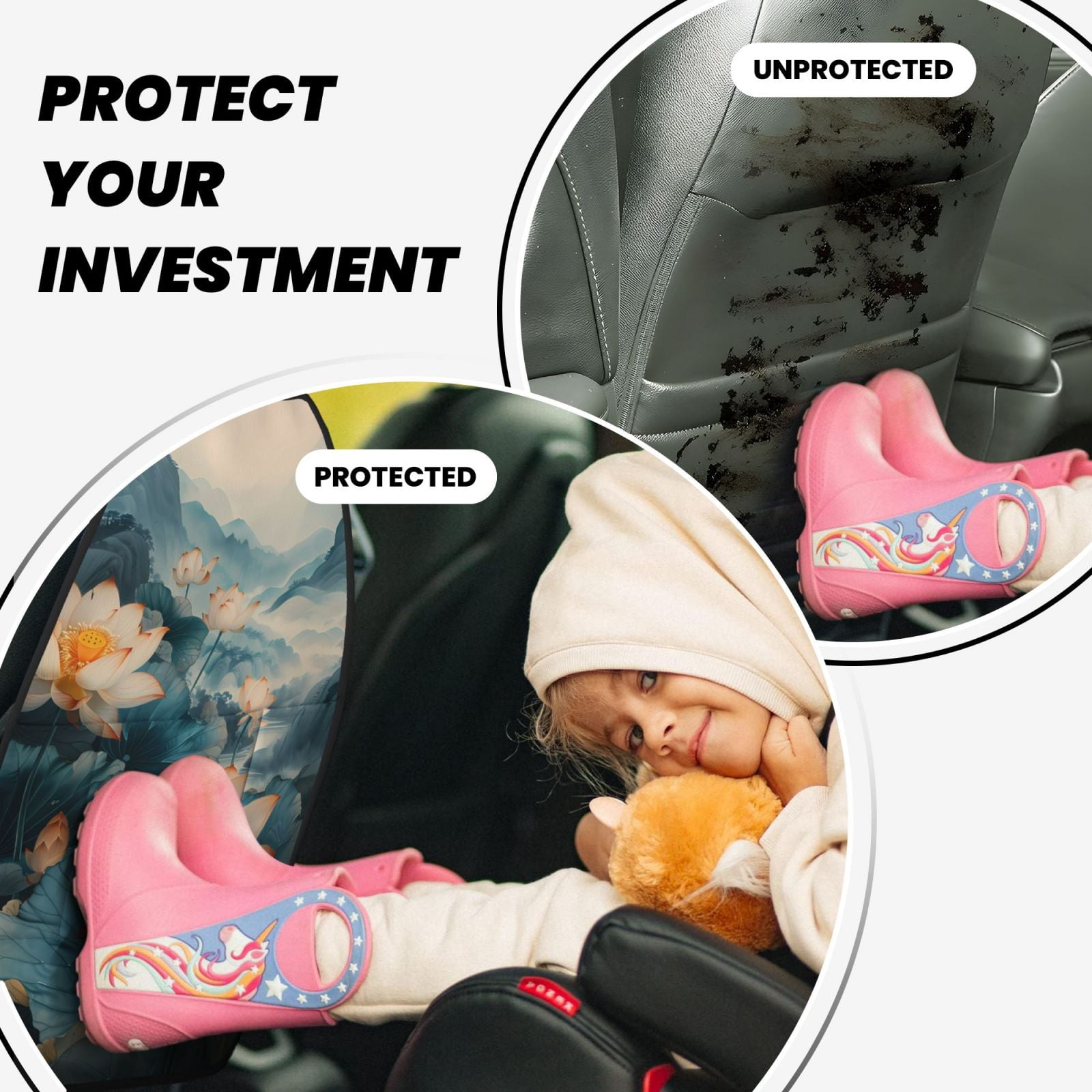 Xecao Mountain Lotus Serenity Pattern Car Seat Back Protector 2 Pack Large Capacity Pocket, Kick Mats Back Seat Protector