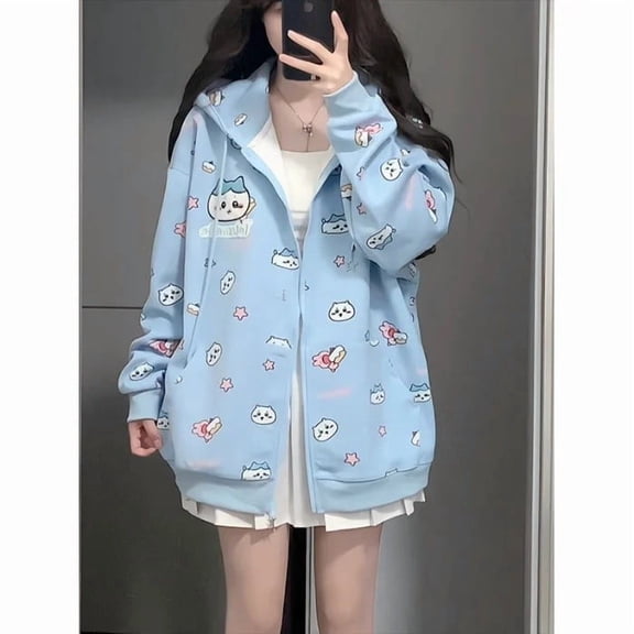 Cute Hachiware Cartoon Print Hooded Open Cardigan Sweatshirt Women's Outerwear Sweet Spring Autumn Winter Loose