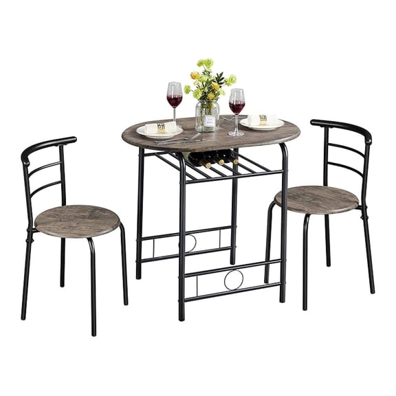 3 Piece Dining Table Set, Kitchen Table & Chair Sets for 2, Compact Bistro Table Set with Steel Legs, Built-in Wine Rack for Small Space, Apartment, Breakfast Nook, Drift Brown