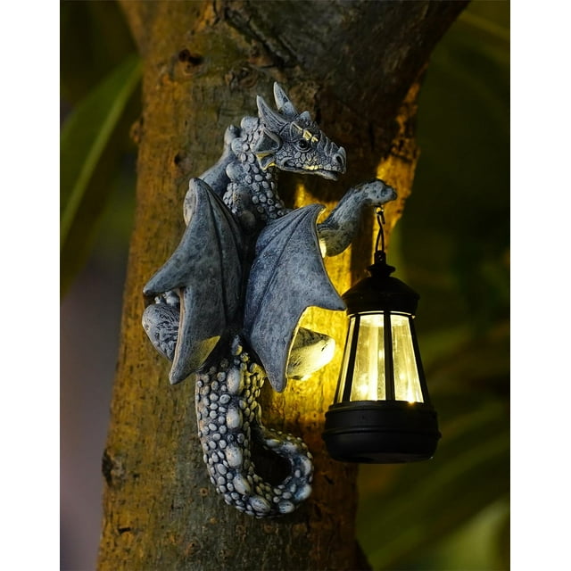 Estatua solar de dragón para jardín - Farol de resina Goodeco Tree Hugger para iluminación y decoración de exteriores, regalo de dragón resistente a la intemperie para patios