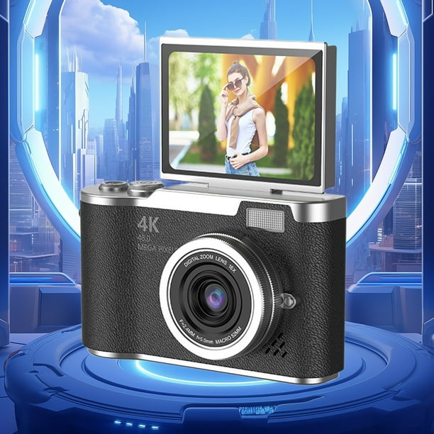 Cámara de selfies con pantalla giratoria de 2.4 pulgadas, enfoque automático, alta definición 1080P, cámara de belleza para selfies, cámara digital de estudiantes con pantalla giratoria - negro