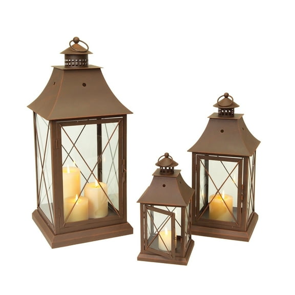 Metal Lantern Set of 3 - Rustic Brown Decorative Lanterns for Home Decor