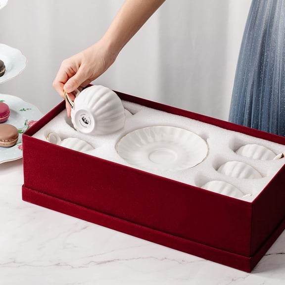 BTaT White Tea Cups and Saucers with Gift Box, 7oz, Set of 6 Tea Cups Set of 6 with Gold Rim, Christmas Gifts