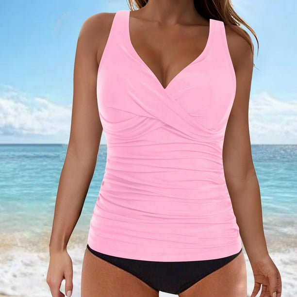 Traje de baño de bikini liso sin mangas para mujer, traje de baño push-up acolchado, conjuntos de blusa de traje de baño de poliéster para mujer