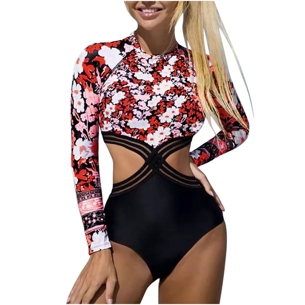Trajes de baño de una pieza para mujer, de manga larga con almohadilla para el pecho, sin aros, estampado en V, bañador tipo bóxer para mujer, trajes de baño para mujer, moda de playa para mujer