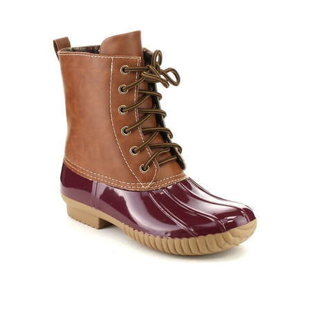 Burgundy Leather Calf Boots - AXNY DYLAN Women's Lace Up Two Tone Calf Rain Duck Boots Run Half Size Small