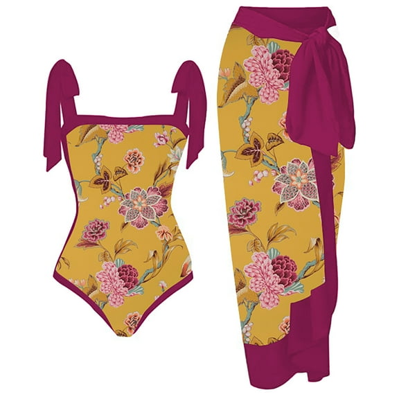 Edvintorg Women 2 Pieces Beach Swimsuit Floral Print Tropical Bikini Swimsuit with Cover Up Wrap Skirt Bathing Suits