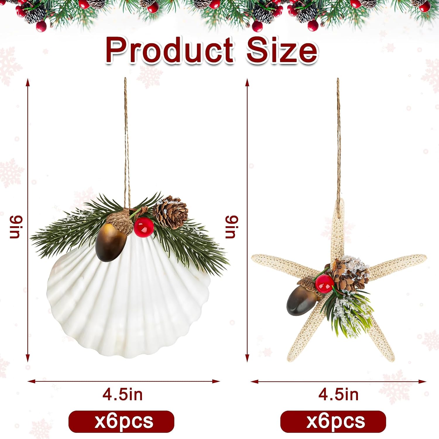 Sinkoo Seashells Starfish Christmas Tree Ornaments, 12pcs Handmade Natural Sea Shells Starfish Crafts with Pinecones, Beach Nautical Coastal Christmas Ornaments