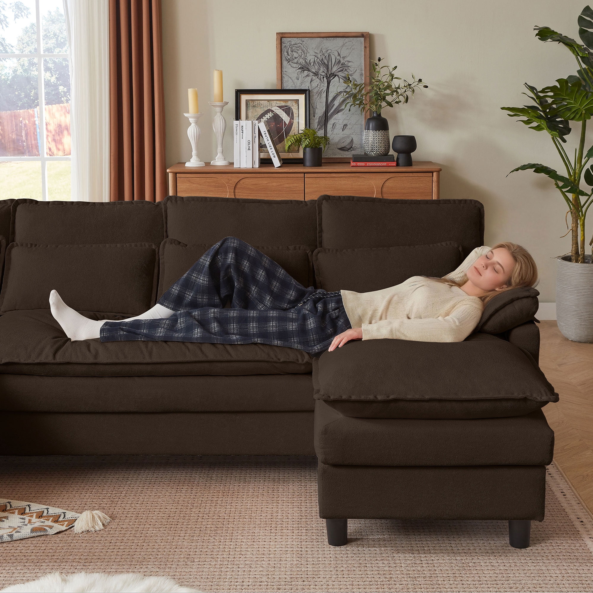 Soscana U Shaped Cloud Couch Sectional Sofa 4 Seat with Double Chaise, Modern Linen Sofa with Waist Pillows for Living Room Apartment Office Studio,Brown