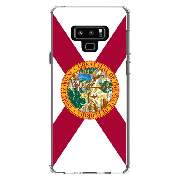 DistinctInk Clear Shockproof Hybrid Case for Samsung Galaxy Note 9 - TPU Bumper, Acrylic Back, Tempered Glass Screen Protector - Florida State Flag - US State Flag