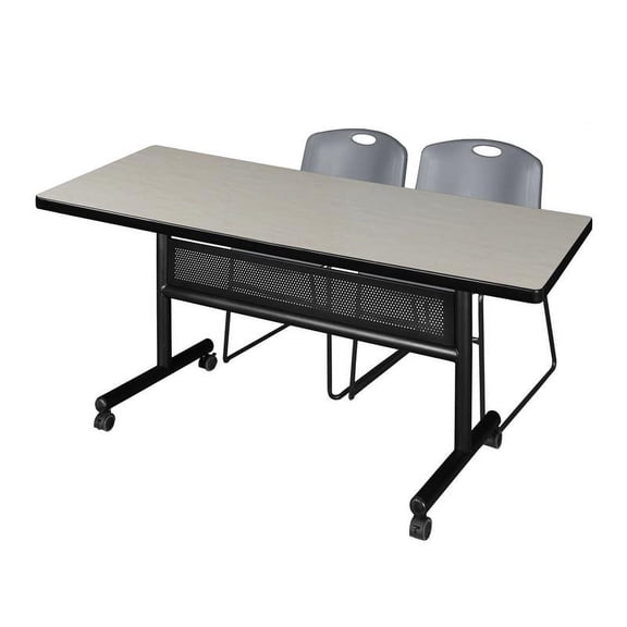 72" x 30" Flip Top Mobile Training Table w/ Divider- Maple & 2 Stack Chairs