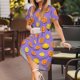 thumbnail image 3 of Fotbe Yellow Lemon And Orange Vestido Largo de Moda para Mujer, Vestido Tipo Camiseta con Manga Corta y Estilo Casual a Rayas y Bloques de Color, 3 of 6