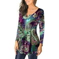 thumbnail image 4 of Henley Tunic Tops for Women Hide Belly Tunic Floral Print Blouse Front Pleated Shirts Long Sleeve Christmas Shirts Tops, 4 of 7
