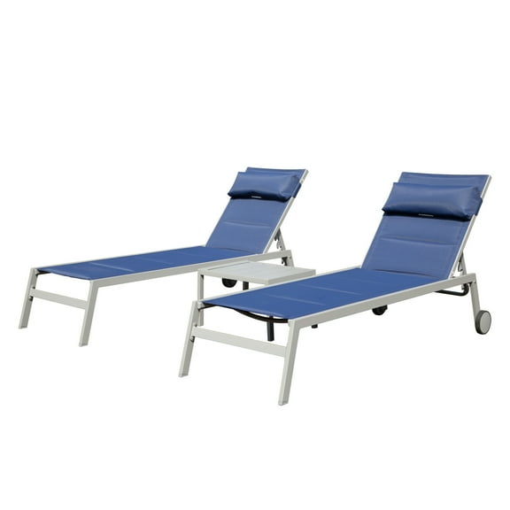 3PCS Patio Chaise Lounge Chair Sets with Side Table, Textilene Reclining Chair w/ Adjustable Backrest, 2 Wheels and Aluminum Frame, Outdoor Recliners for Poolside Beach Balcony (Navy Blue)