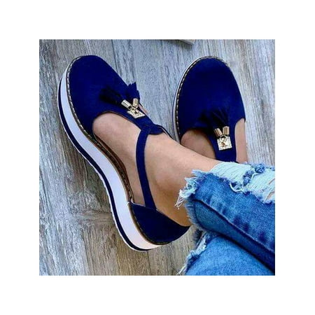 

Tenmix Womens Summer Sandal Ankle Strap Casual Shoes Low Heel Platform Sandals Fringe Heels Women Lightweight Fashion Dress Shoe Royal Blue 6