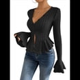 thumbnail image 2 of Camiseta Elegante de Larga con Cuello en V para Mujer, Otoño e Invierno, con Volantes, Corte Entallado y Mangas Acampanadas Negro L, 2 of 9