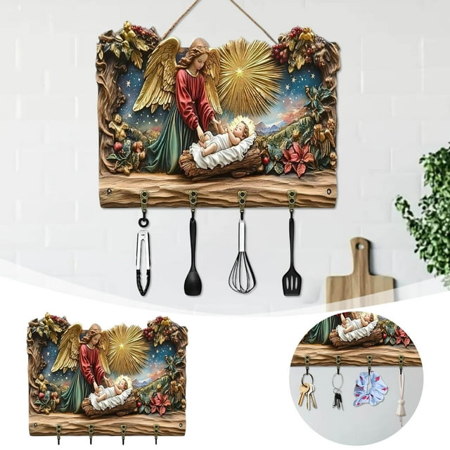 Wooden Multifunctional Wall Rack for Home Entryway Functional with 4 Hooks and Welcome Sign for Foyer Art Object