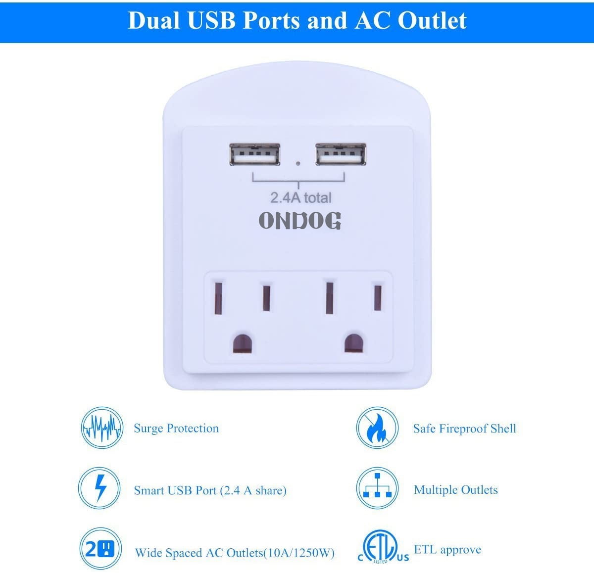 ONDOG 2-Pack Wall Charger, Small Surge Protector with 2 USB Ports, Top Phone Holder for Smart Phones, White