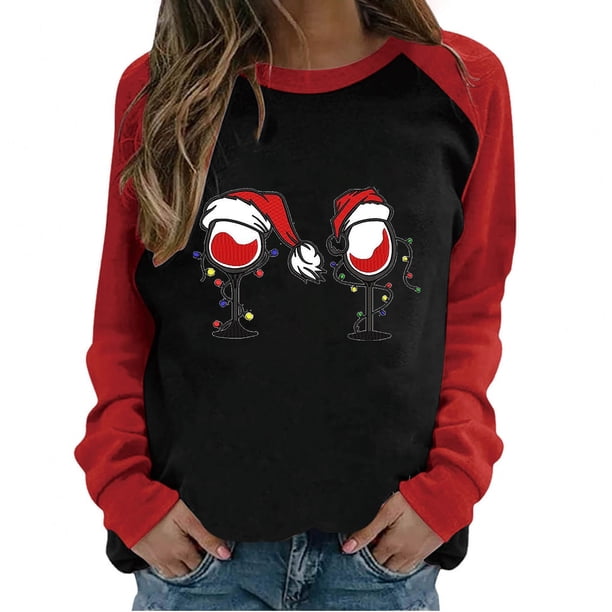 Camiseta informal de manga larga con cuello redondo y estampado navideño de retazos de primavera para mujer Fridja bvmnju1650