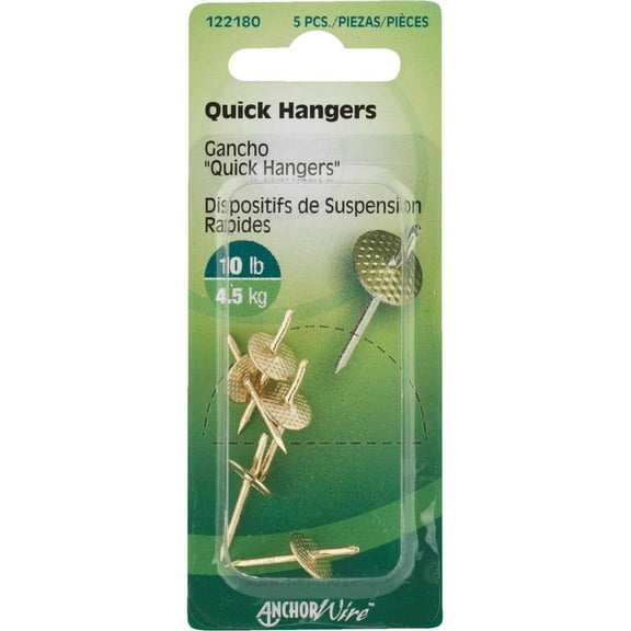 Hillman AnchorWire Brass-Plated One Piece Quick Hanger - 10 lb - 5 Pack, Brass