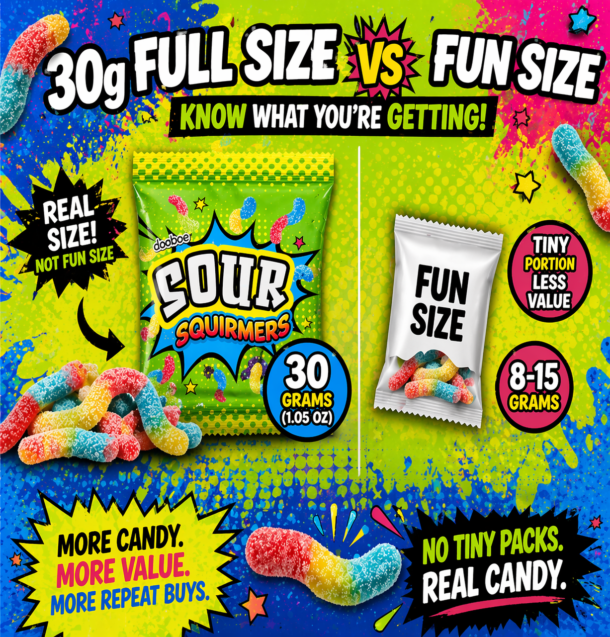 Dooboe Sour Gummy Worms Bulk Pack, 40 Individually Wrapped Snack Packs (30g Each), Full Size Sour Candy Variety for Kids & Adults, Party Favors, School Snacks, Piñata Candy
