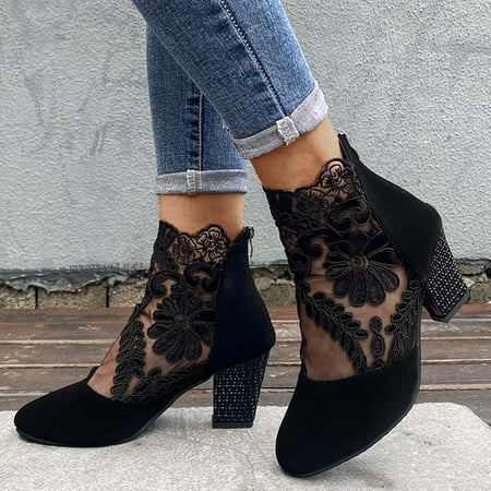 

Ethnic Style Women s Net Yarn Breathable Flowers Zipper Casual High Heel Sandals