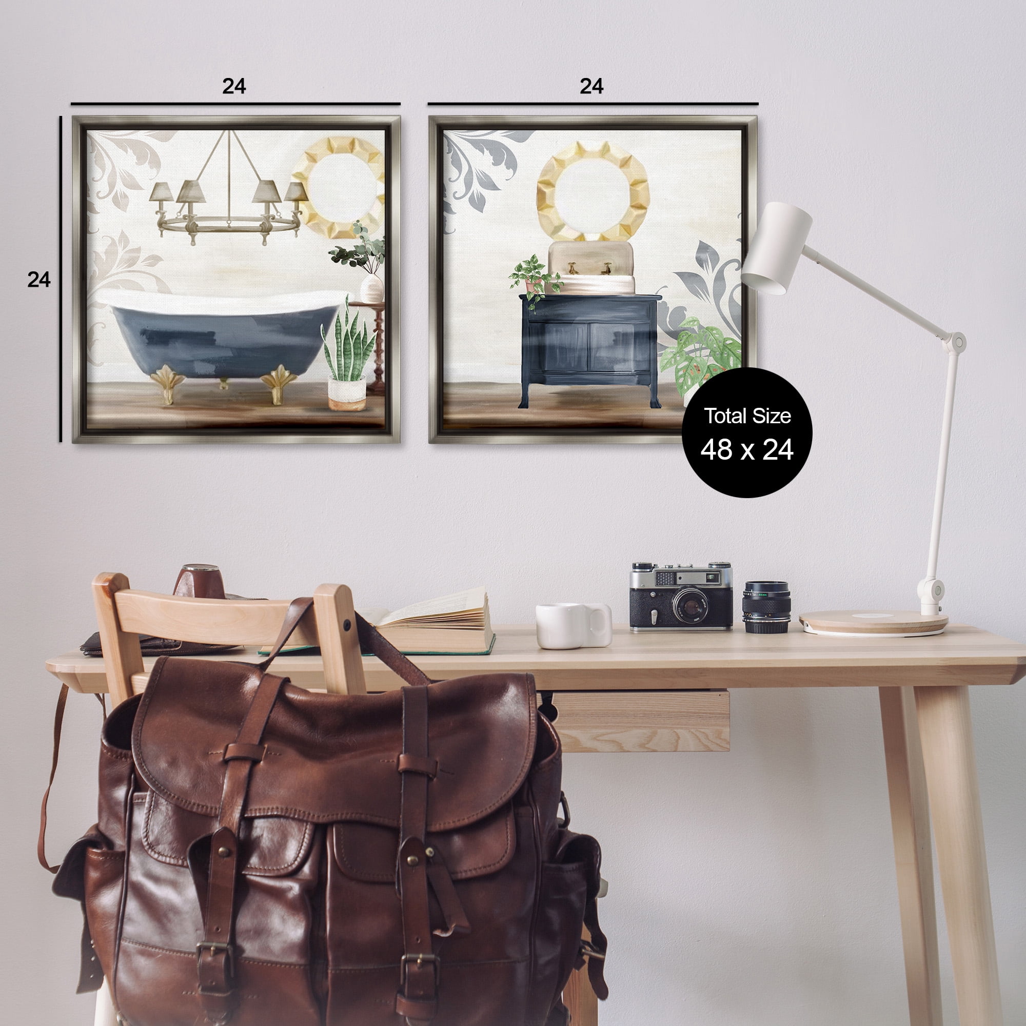 Stupell Industries Chic Bathroom Interior Still Life Abstract Painting Gray Floater Framed Canvas Art Print Wall Art, 25 x 25, Set of 2