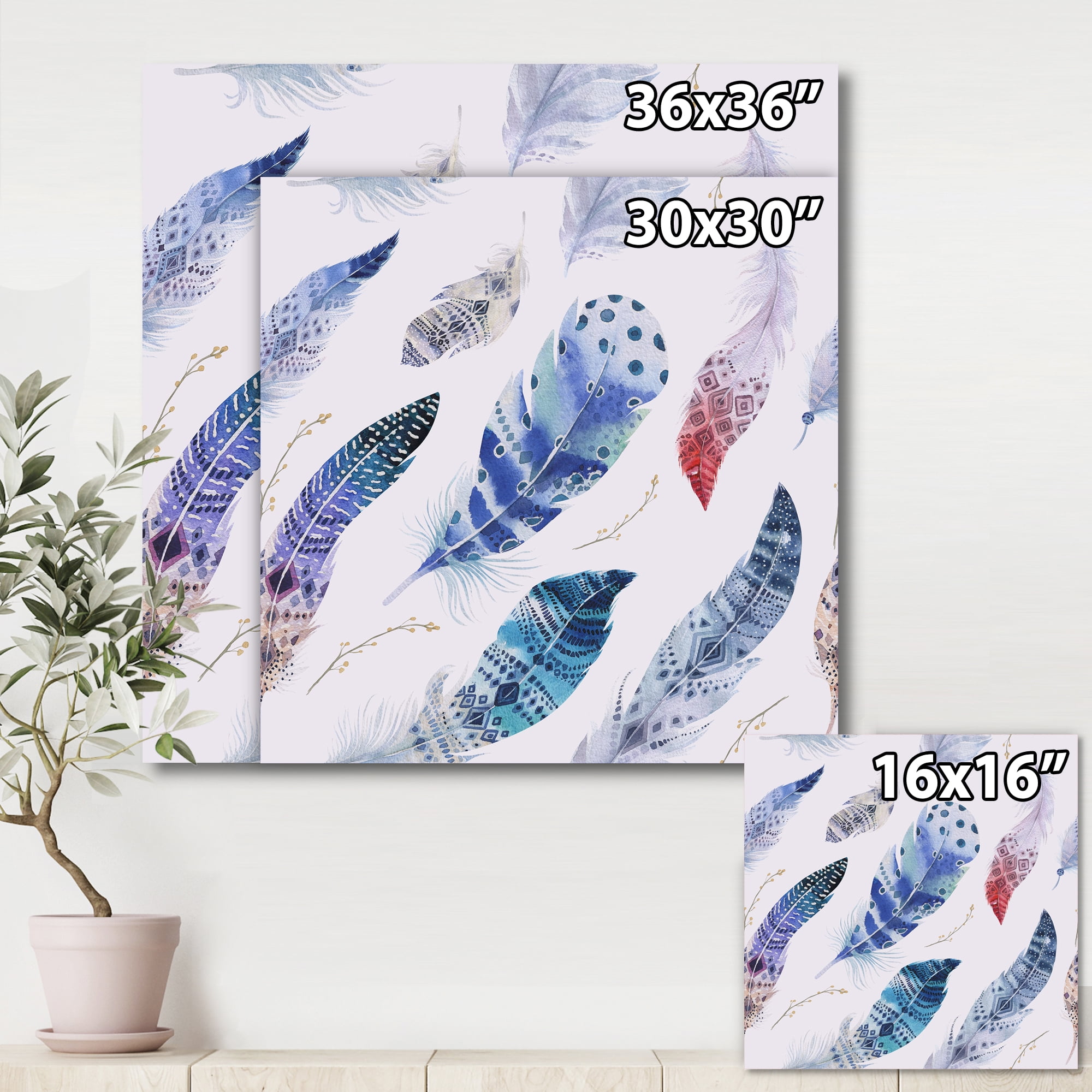 Elegant Blue Boho Art Feathers 30 in x 30 in Painting Canvas Art Print, by Designart