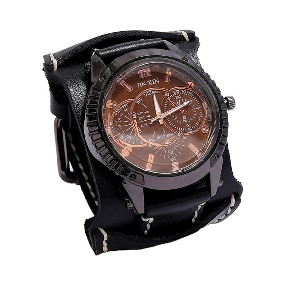 Reloj de pulsera para hombre, reloj de pulsera para hombre, correa ancha versátil con hebilla de pasador, estilo punk. Negro