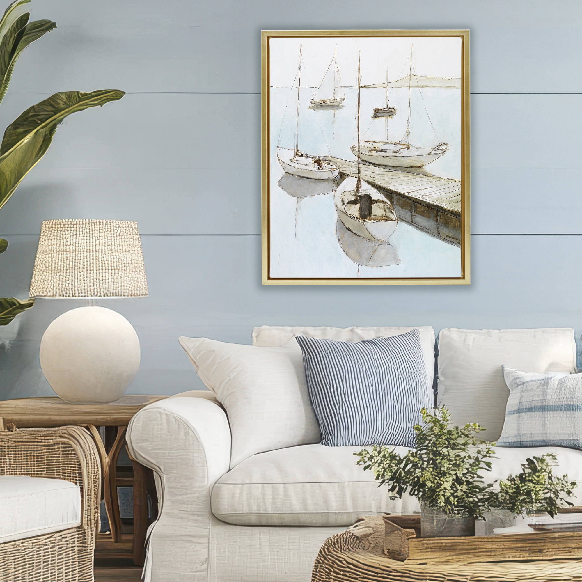 Stupell Industries Docked Sails Coastal Scene Gold Framed Floater Canvas Wall Art, design by Lorenzo Collective