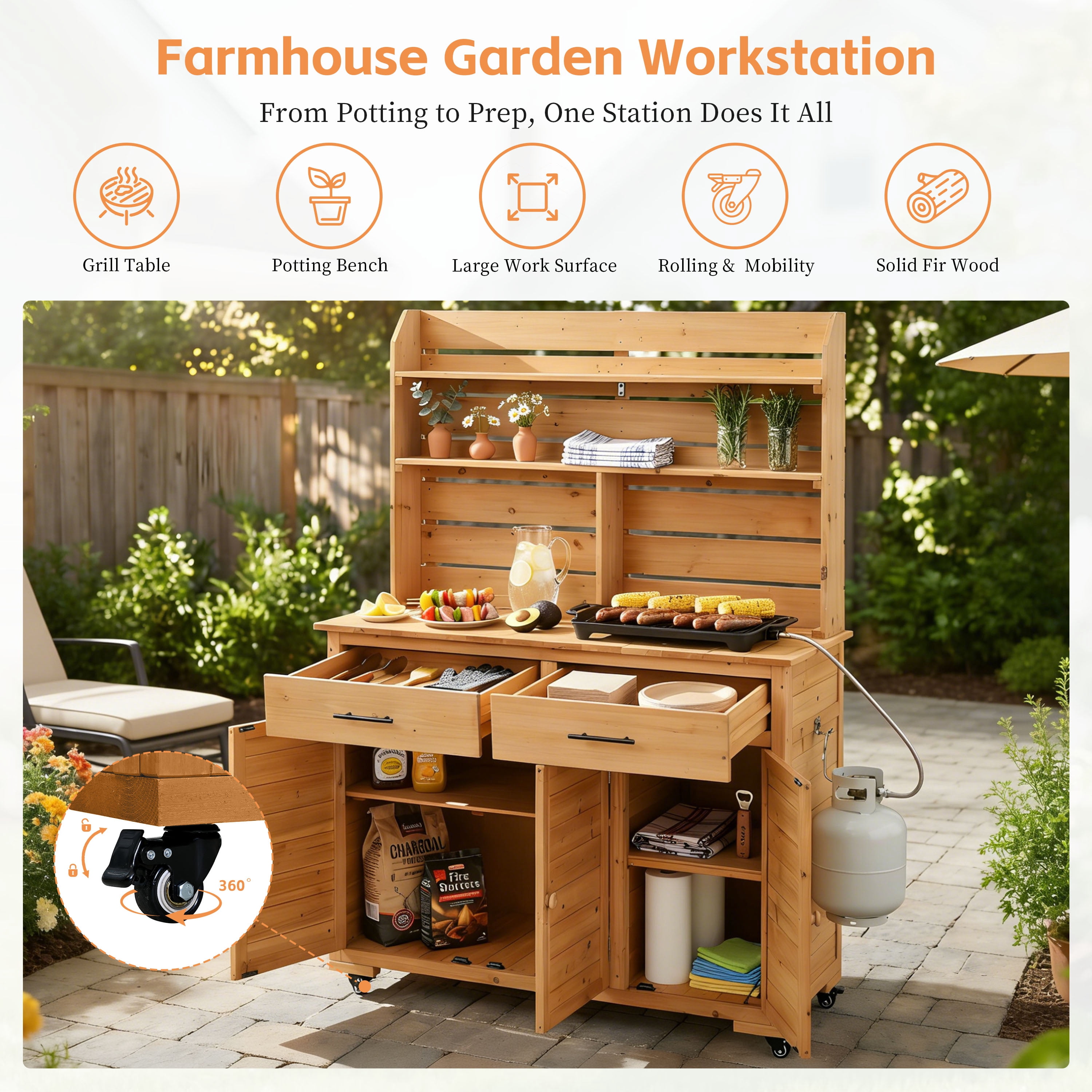 Mintazer 65"H Rolling Outdoor Potting Bench with 2 Drawers & Storage Cabinet, Farmhouse Kitchen Island Prep Cart with Hutch Top & Shelves, Natural